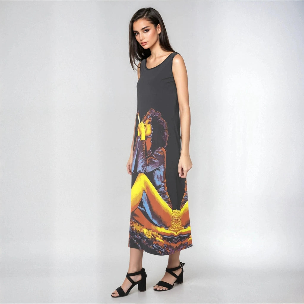 Hotbox Goddess graphic print sleeveless open-fork maxi dress, back flat lay