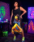 Hotbox Goddess graphic print sleeveless open-fork maxi dress, full length view on model outdoors