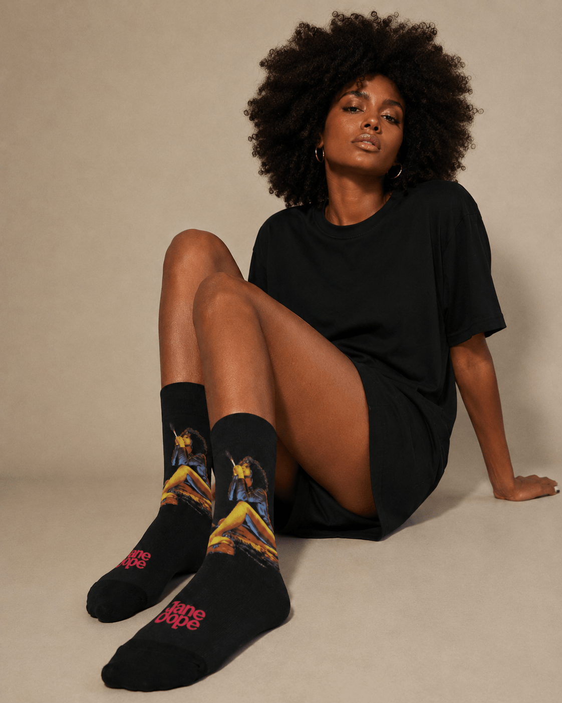 Jane Dope Hotbox Goddess graphic print unisex crew socks, lifestyle product shot