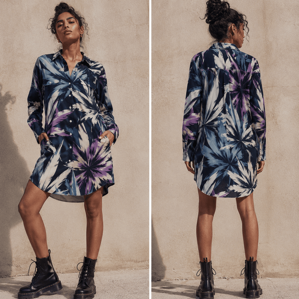 Jane Dope indigo haze print long shirt dress, front view on model