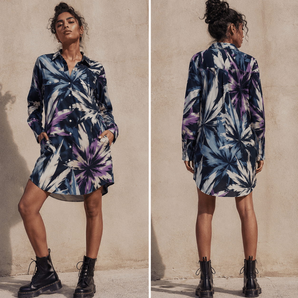 Jane Dope indigo haze print long shirt dress, front view on model