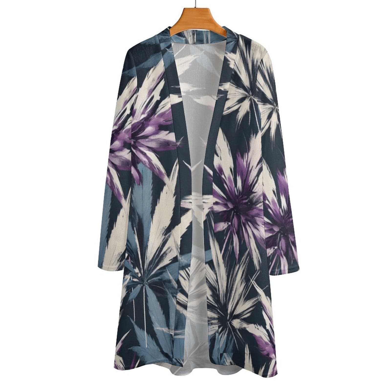 Indigo haze print mid-length cardigan, side view showing drape