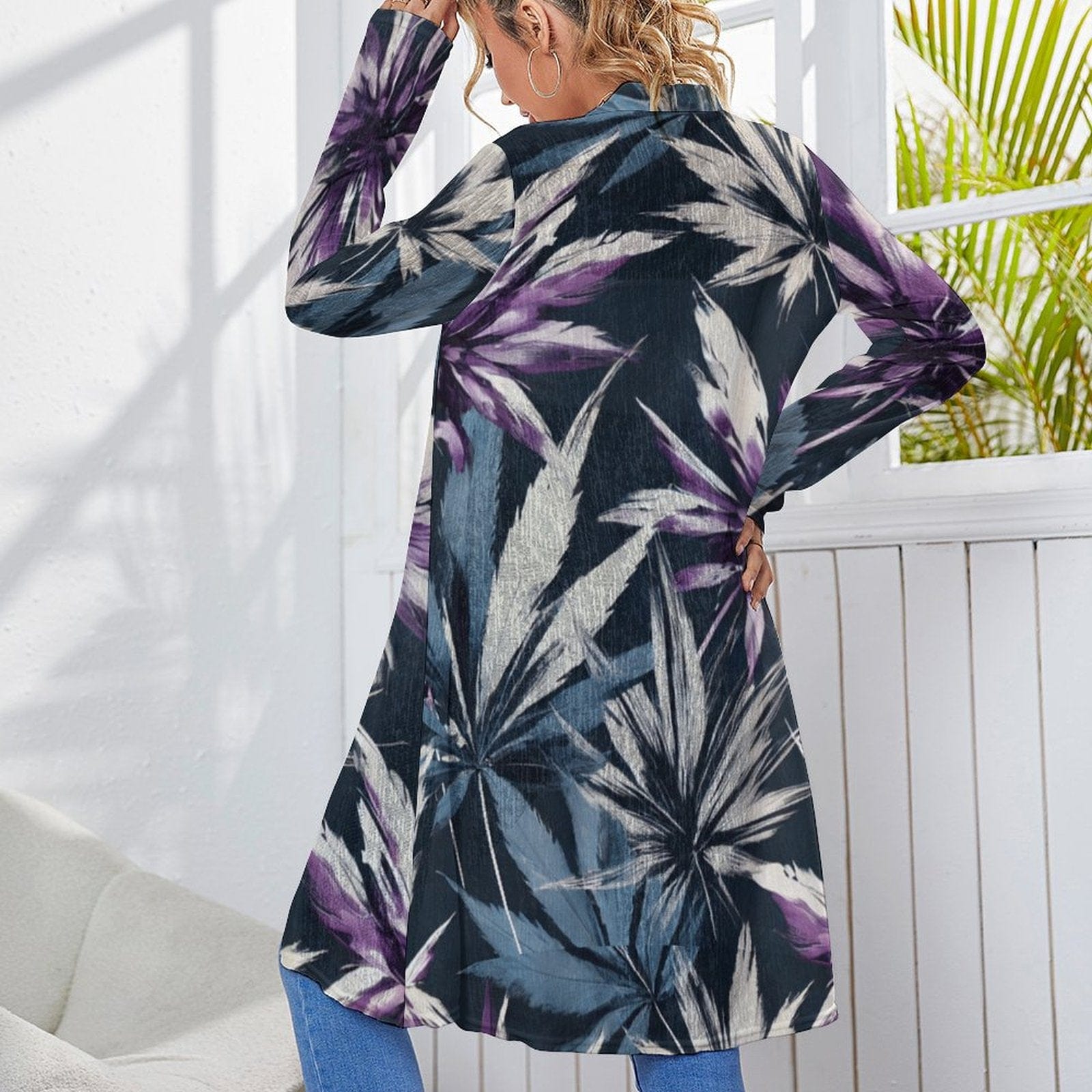 Indigo haze print mid-length cardigan, back view