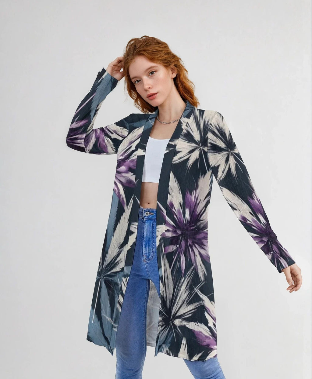Jane Dope indigo haze print open-front mid-length cardigan, front view on model