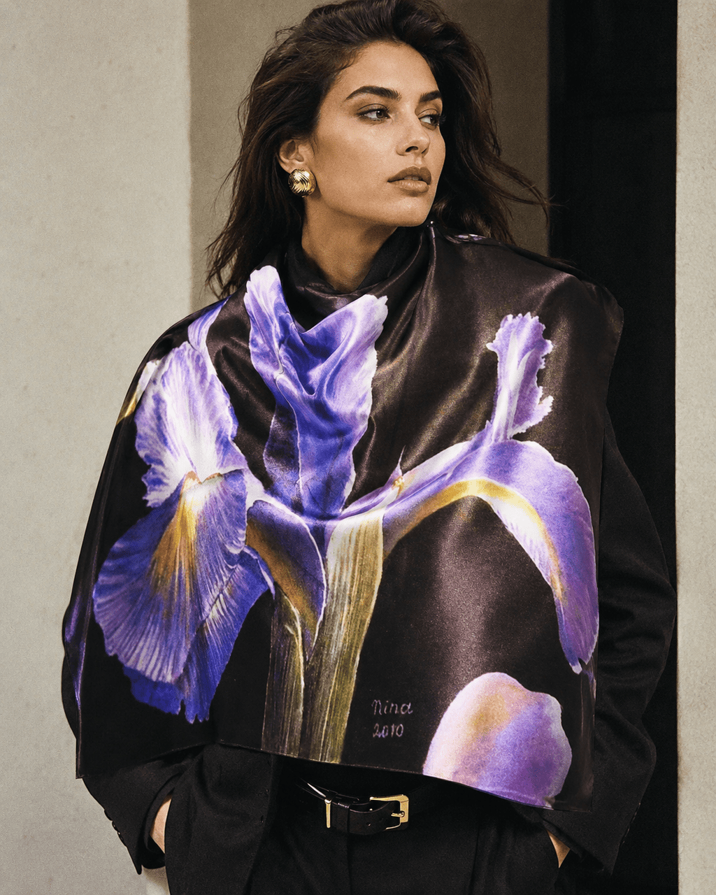 Iris floral print scarf, styled as headscarf on model