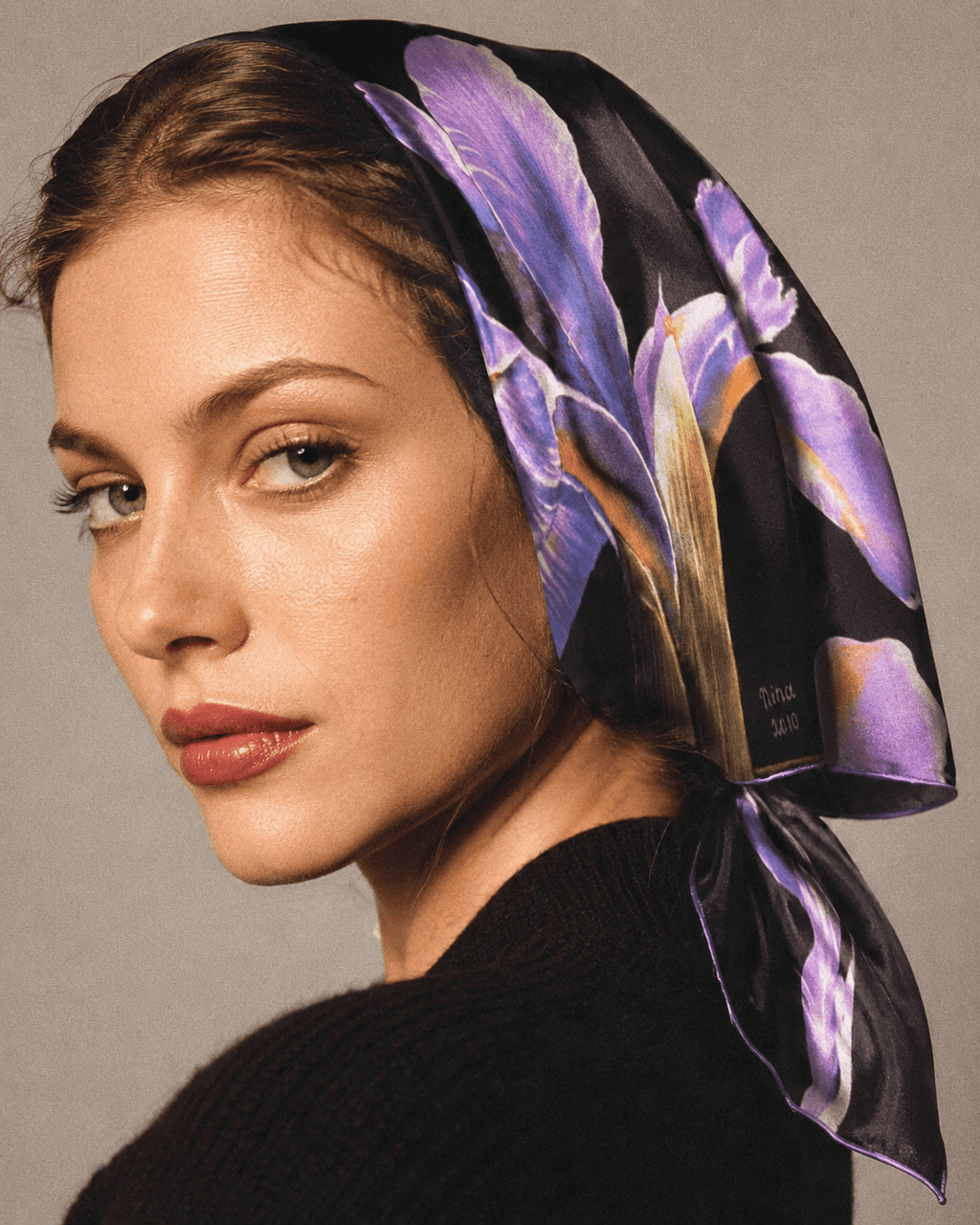 Iris floral print silky scarf, draped on model