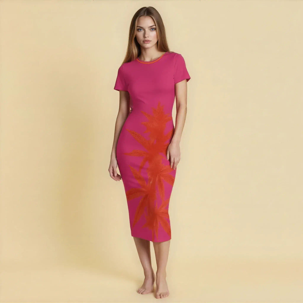 Jane Dope Island Pink Bodycon Dress — pink tropical print fitted bodycon dress