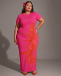 Pink tropical print bodycon dress, close-up showing fabric texture