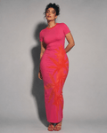 Jane Dope pink tropical print fitted bodycon dress, front view on model