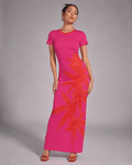 Pink tropical print bodycon dress, side view on model showing silhouette