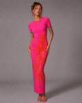 Pink tropical print bodycon dress, back view on model
