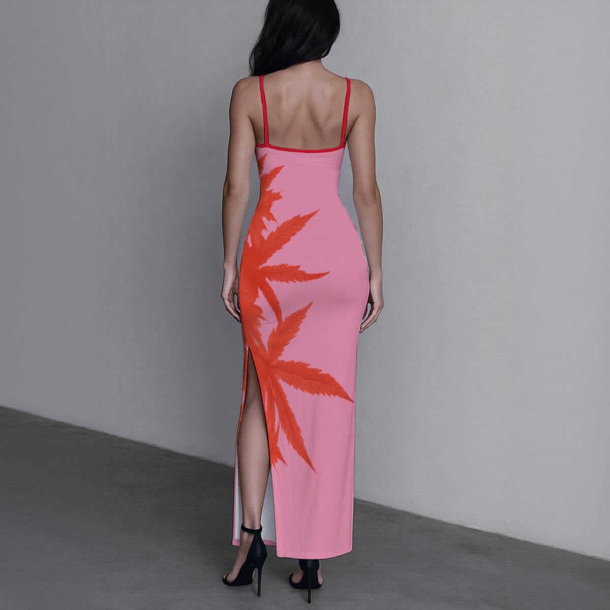 Island Pink Slit Milk Silk Dress — back view showing full length