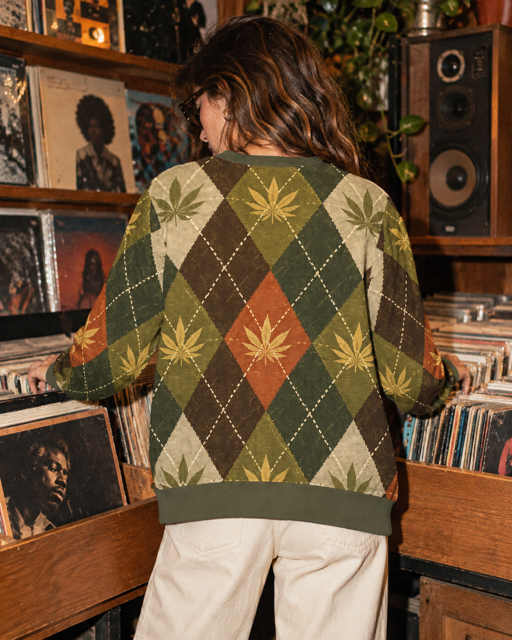 Argyle cardigan back print and olive hem in a record shop