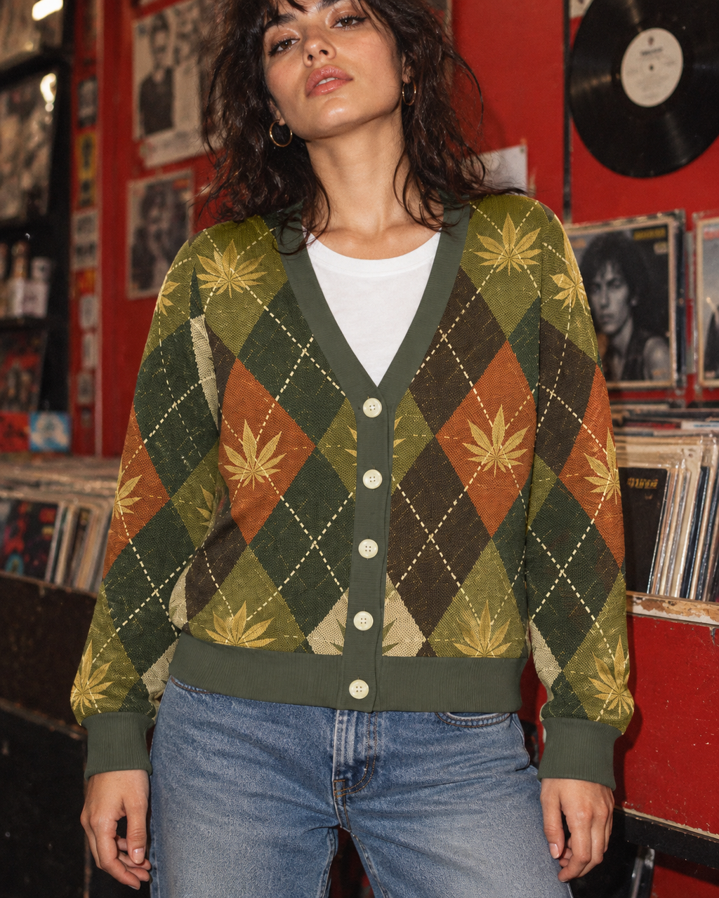 Argyle cardigan V-neck olive trim and five cream buttons