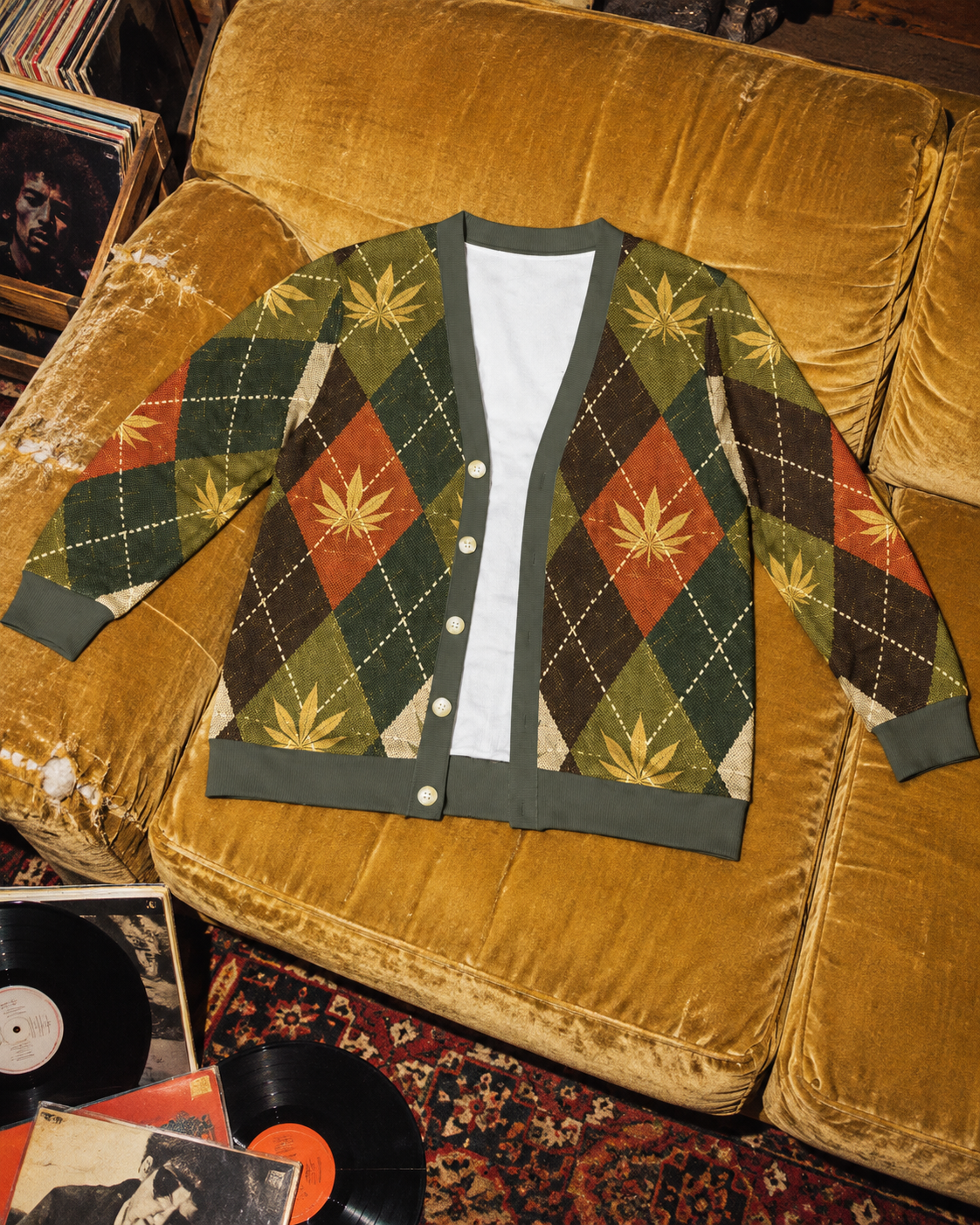 Full argyle cardigan front laid open on a mustard sofa
