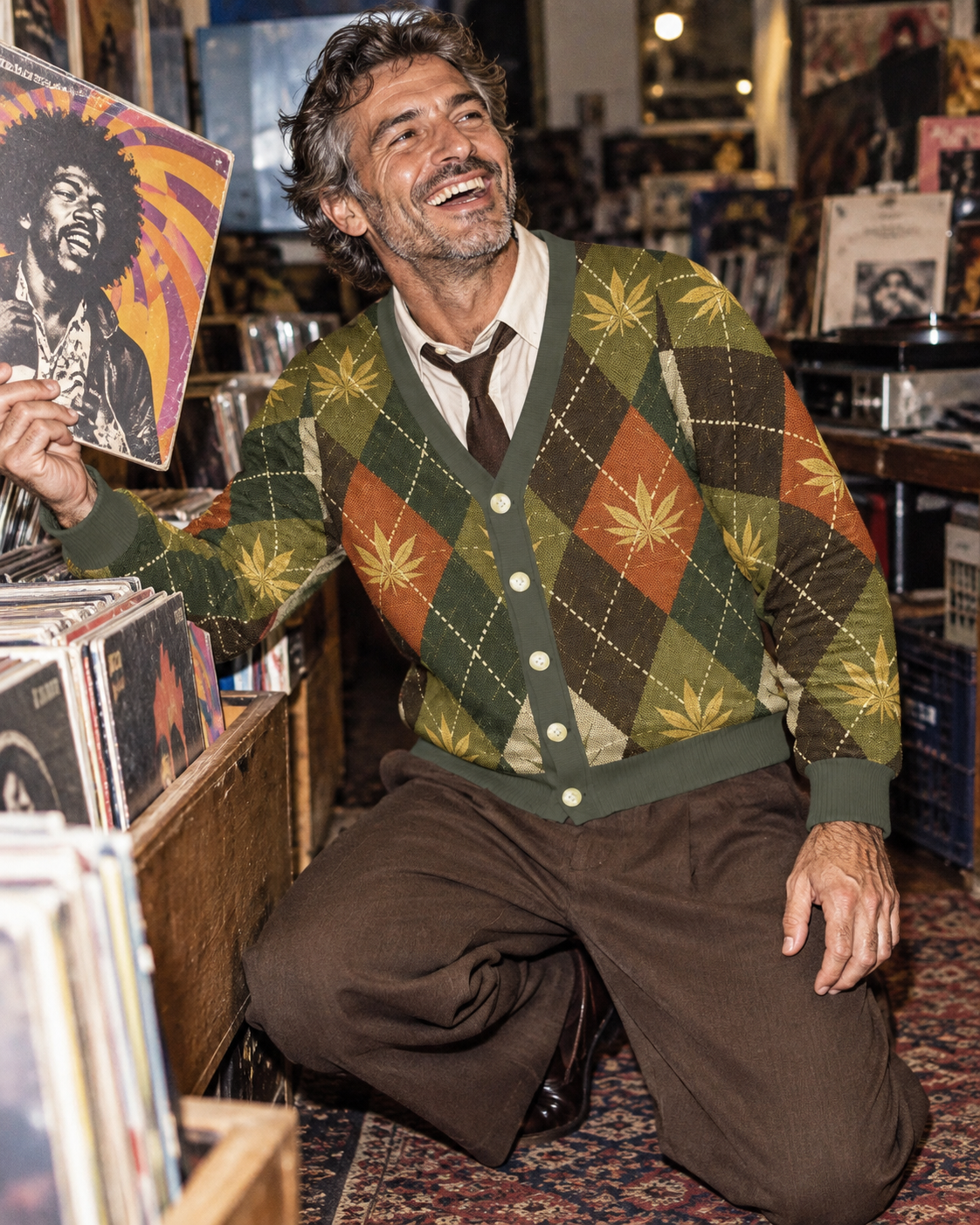 Argyle cardigan layered over a shirt and tie beside record bins