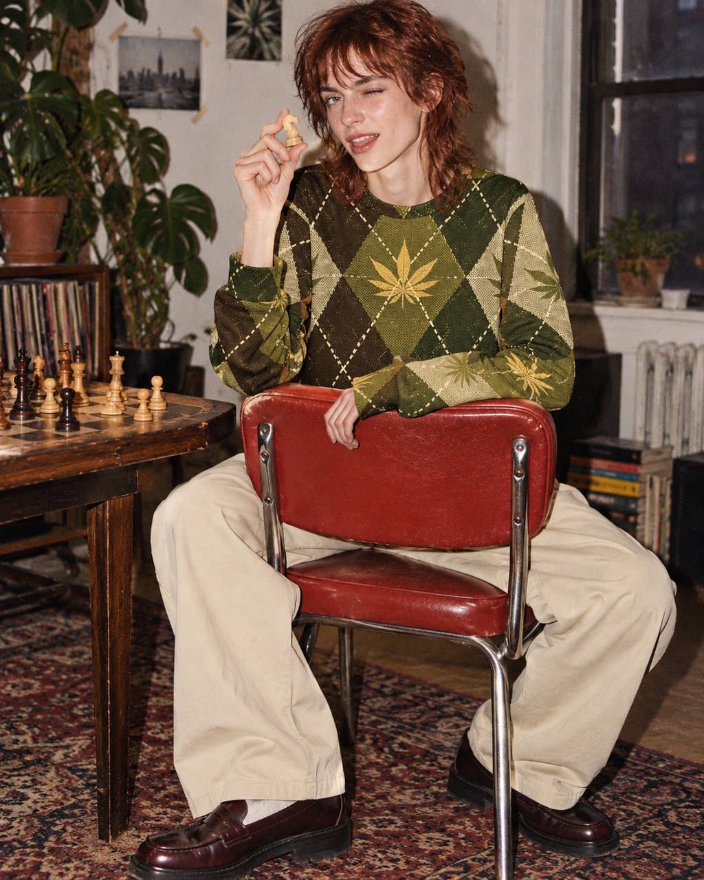 Argyle cannabis crewneck styled with cream trousers at a chess table