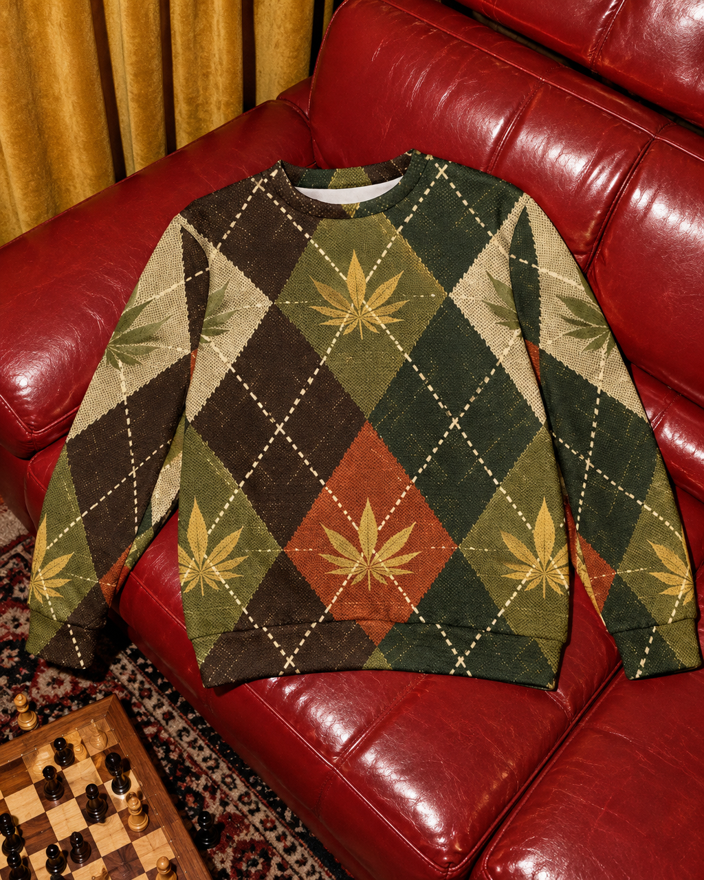 Full front of argyle cannabis crewneck on a red vinyl sofa