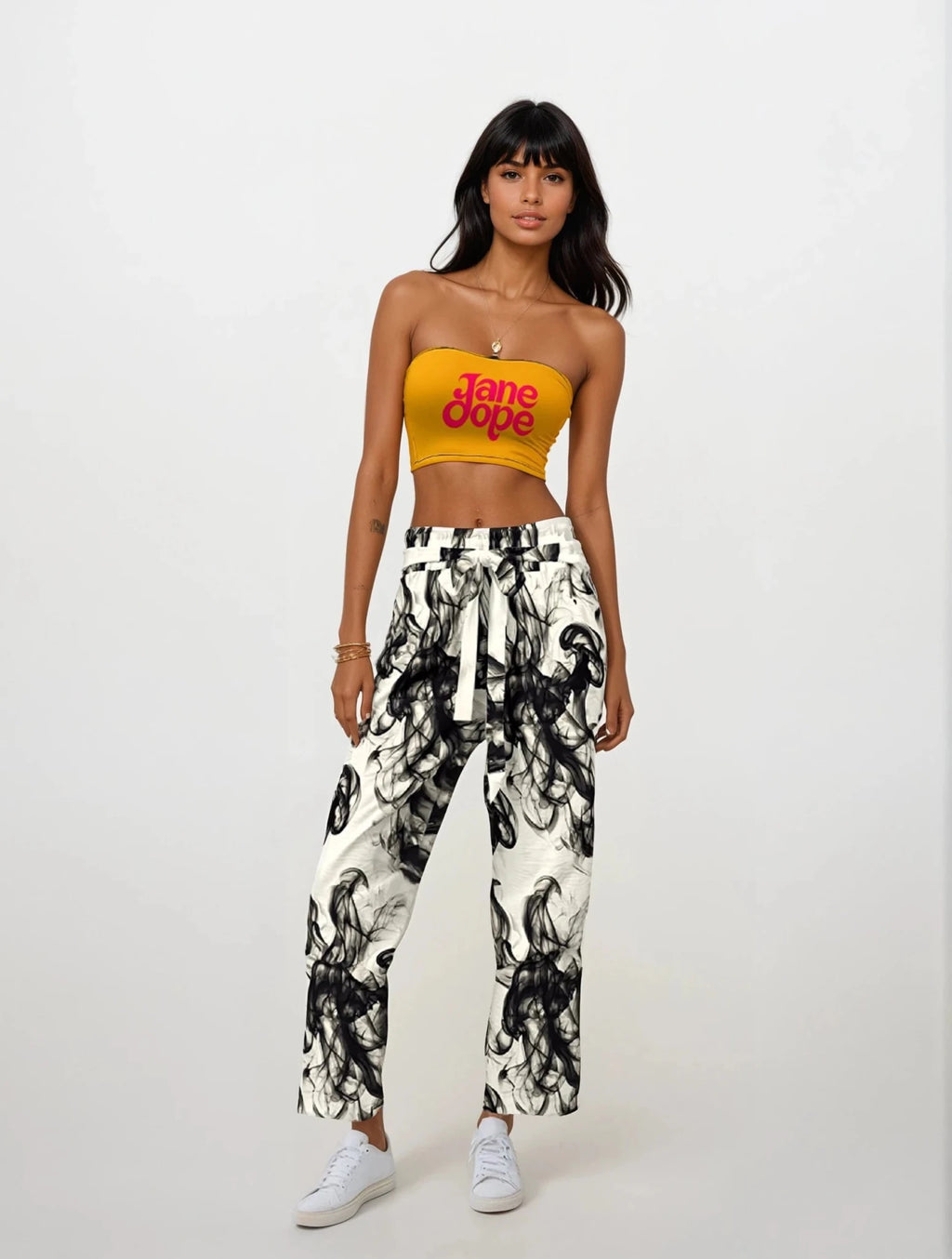 Jane Dope logo print strapless bandeau crop top, front view on model