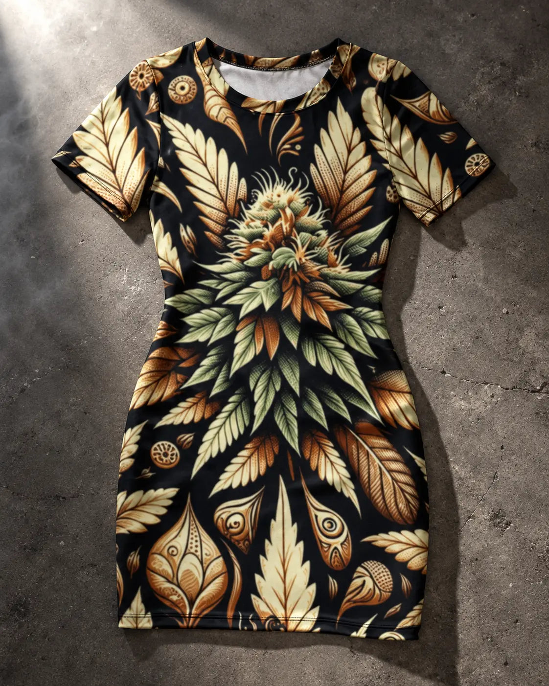 Jane Dope Batik Buds bodycon mini dress, product laid flat showing round neckline and short sleeves.