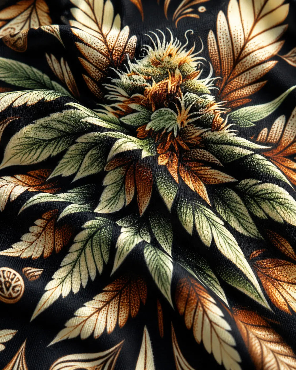 Jane Dope Batik Buds bodycon mini dress, close-up of botanical print and fabric folds.