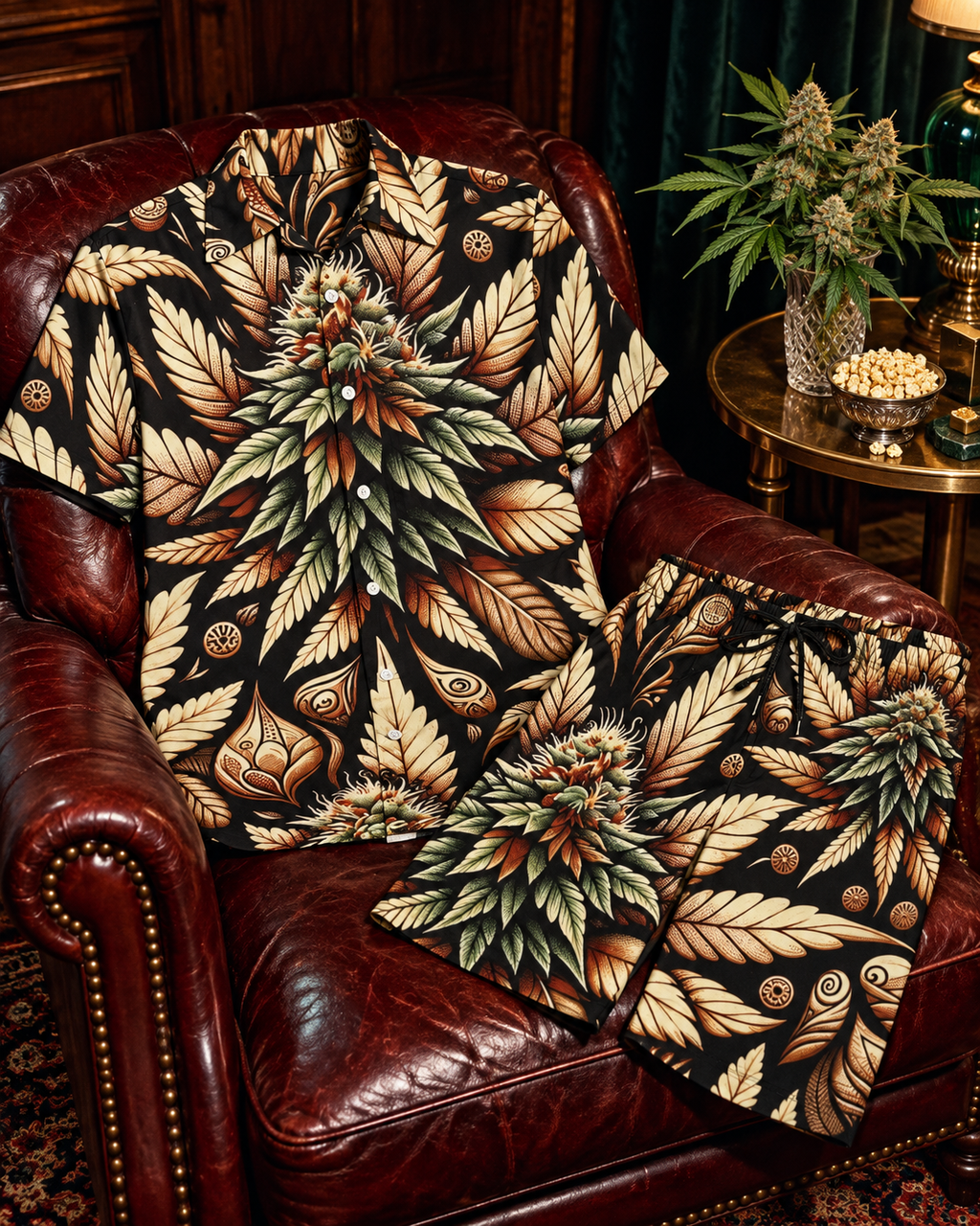 Batik Buds collar, button placket and matching shorts displayed on an oxblood chair