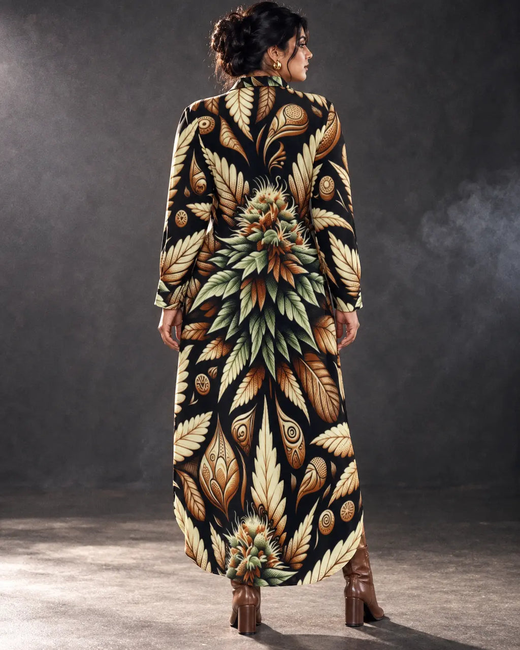 Jane Dope Batik Buds Shirt Dress, back view with hair pinned up, showing cream leaves and green botanical artwork