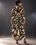 Jane Dope Batik Buds Shirt Dress, back view with hair pinned up, showing cream leaves and green botanical artwork