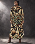 Jane Dope Batik Buds Shirt Dress, buttoned front view with a wide stance and brown boots