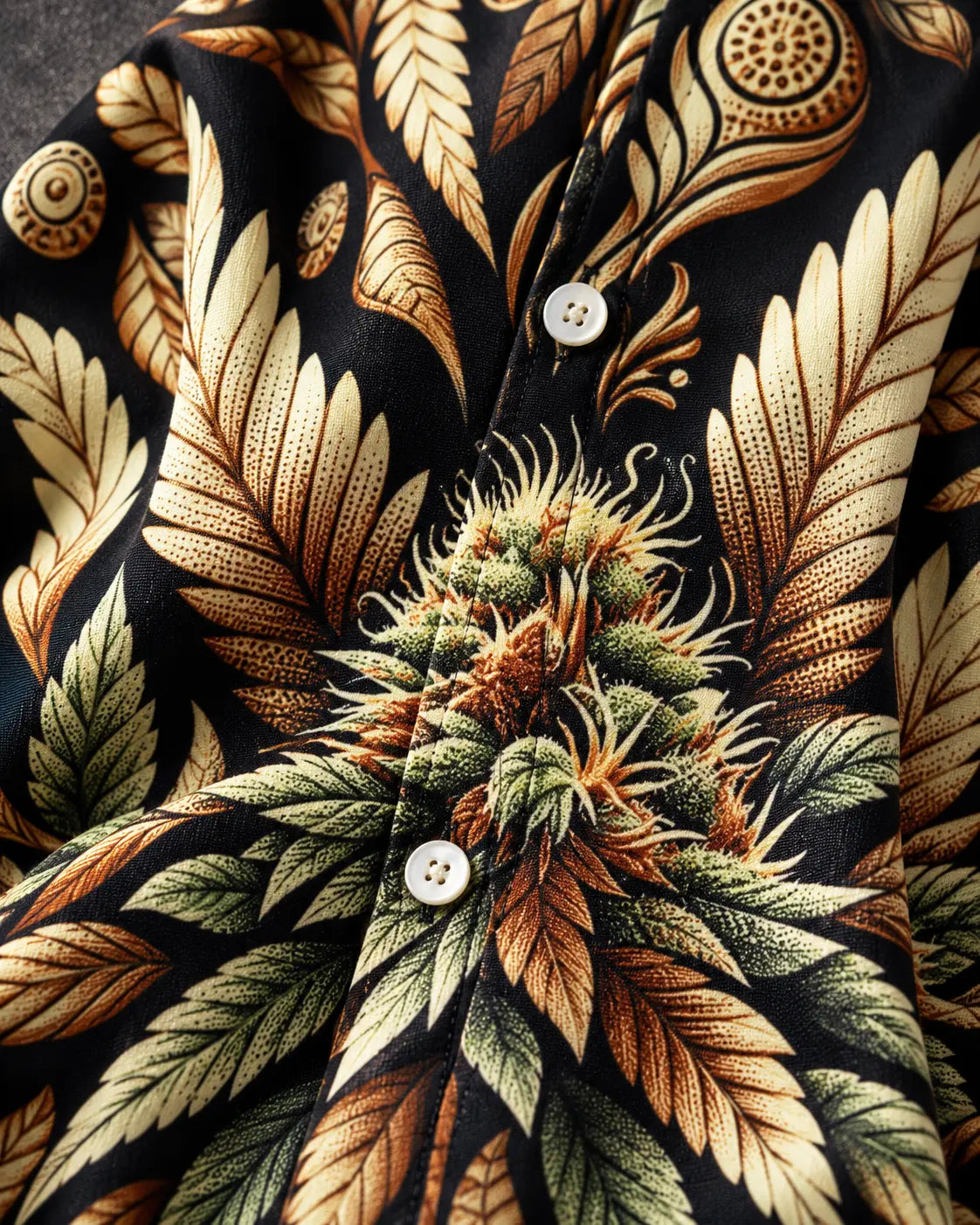 Jane Dope Batik Buds Shirt Dress, close-up of the botanical print, front placket and small white buttons
