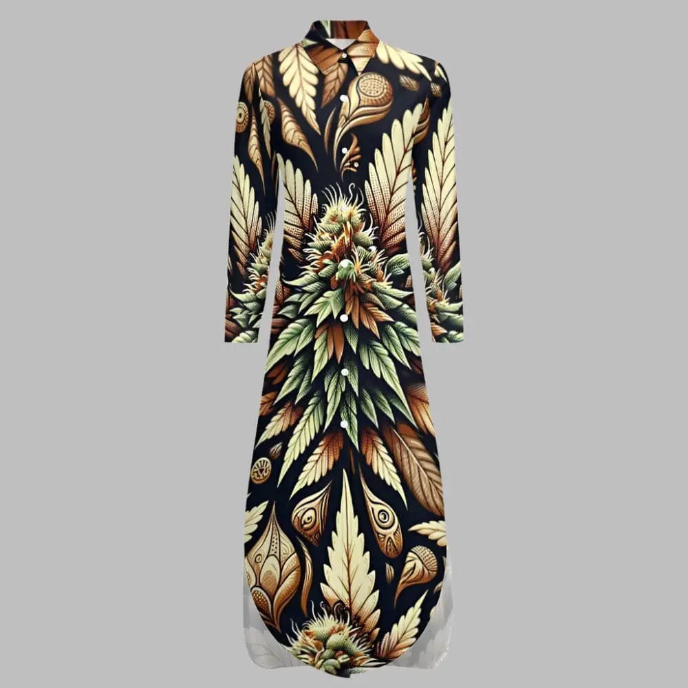 Jane Dope Batik Buds Shirt Dress, supplier front view showing pointed collar, buttons and cream botanical print on black