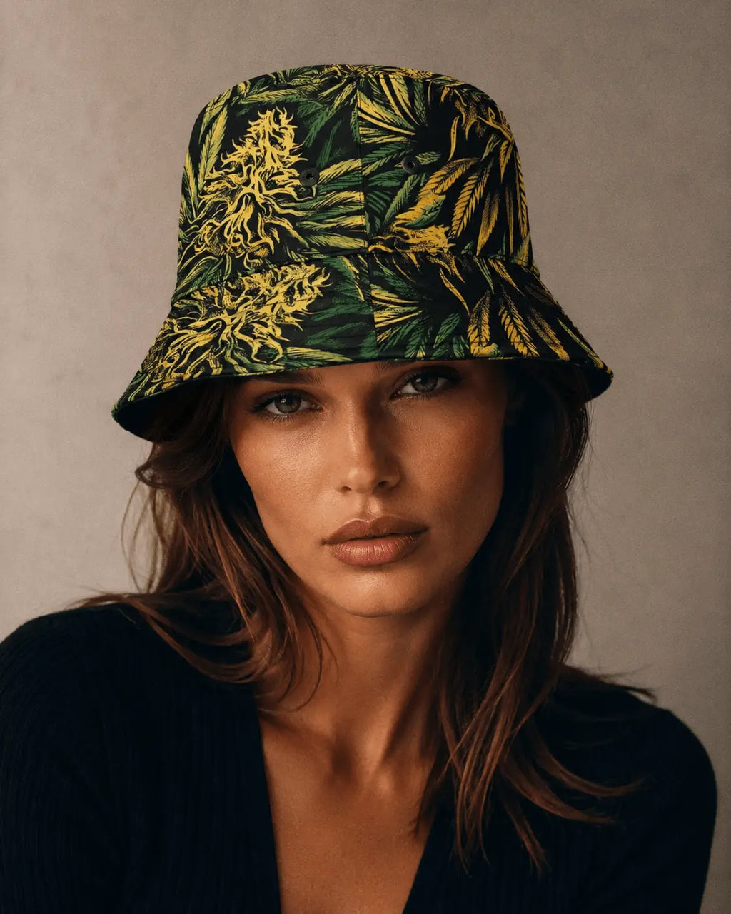 Jane Dope Big Buds Bucket Hat, front portrait on a model showing botanical print and black eyelets