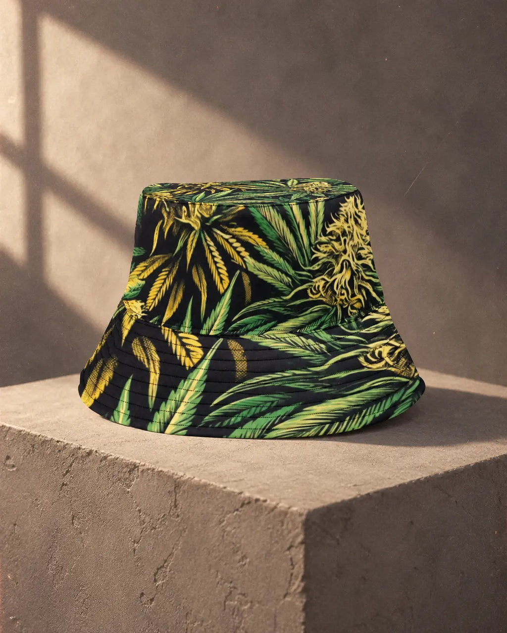 Jane Dope Big Buds Bucket Hat, reverse view showing botanical artwork across the crown and stitched brim