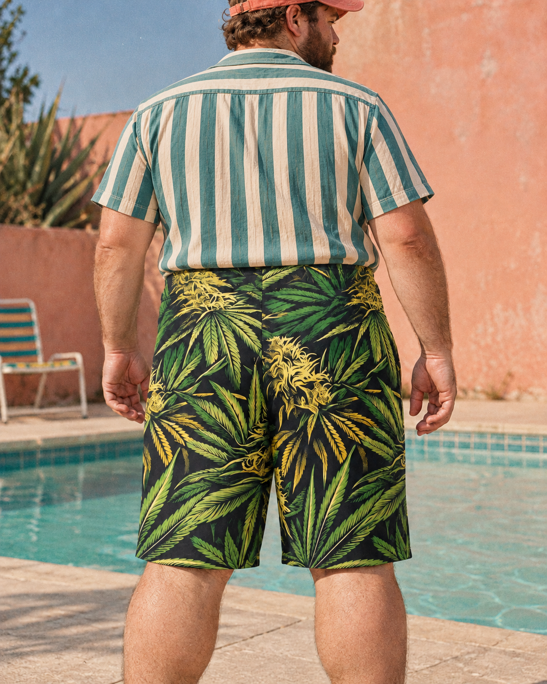 Big Buds men's green and yellow botanical board shorts styled with teal striped shirt and coral cap.