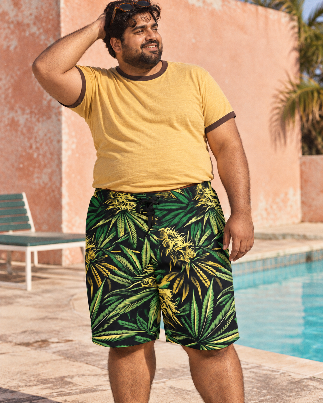 Big Buds men's green and yellow botanical board shorts styled with mustard ringer tee.