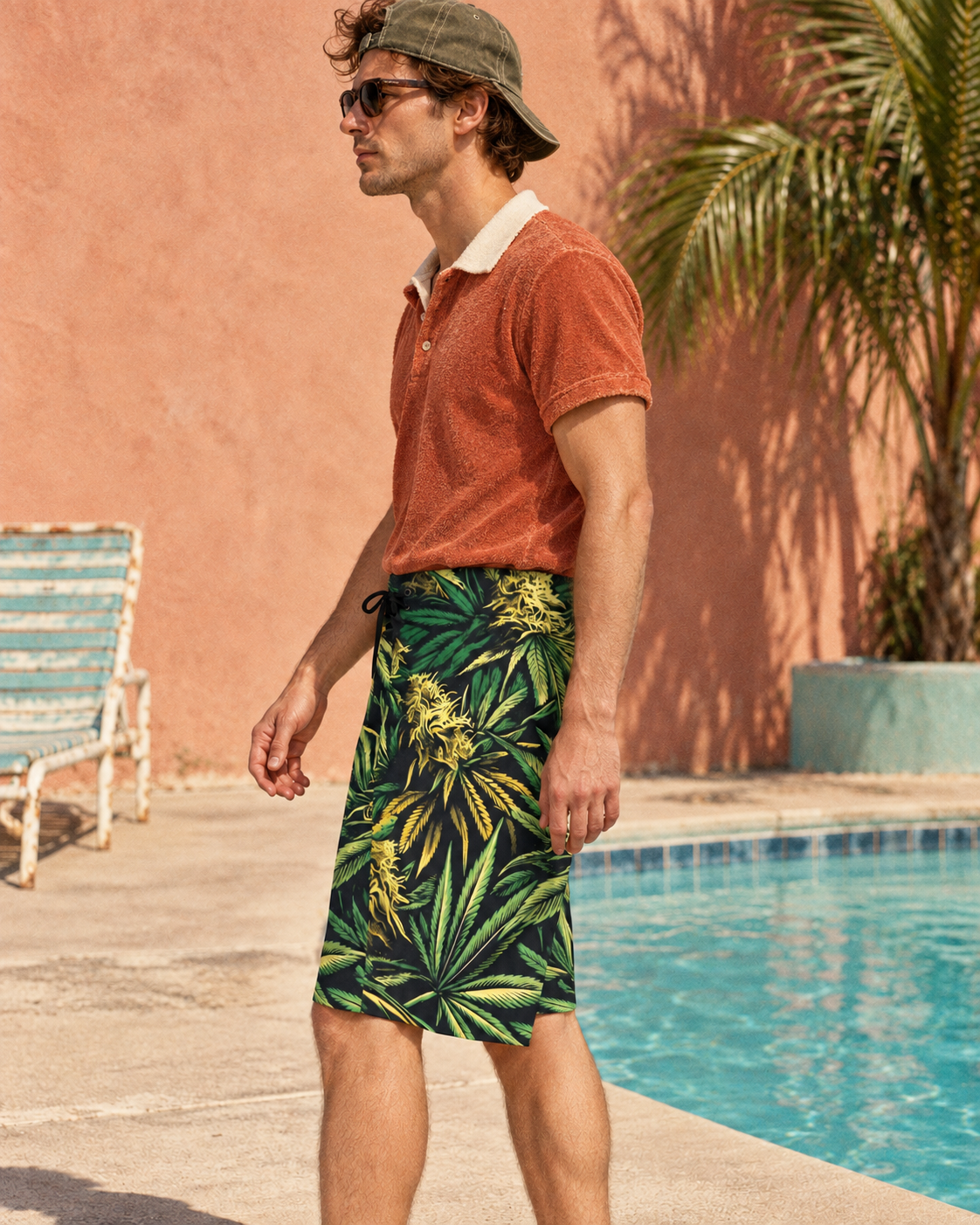 Big Buds men's green and yellow botanical board shorts styled with rust terry polo and backwards cap.