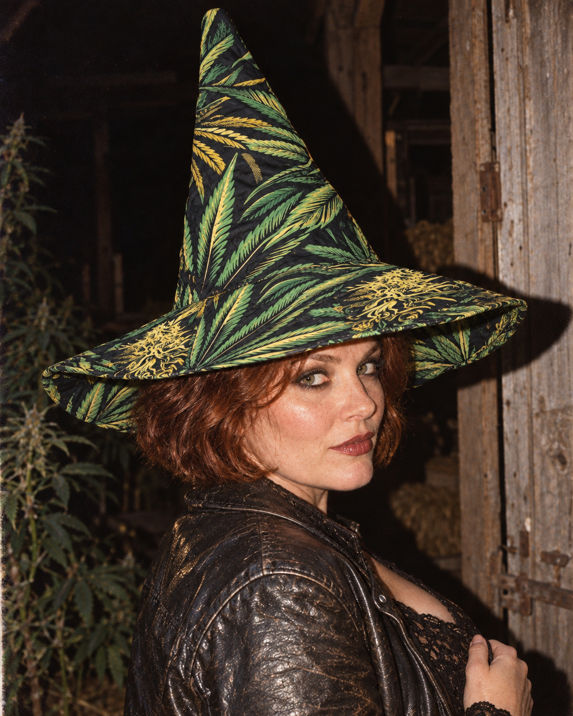 Big Buds botanical witch hat styled with a leather jacket, photographed with direct flash at a barn doorway.