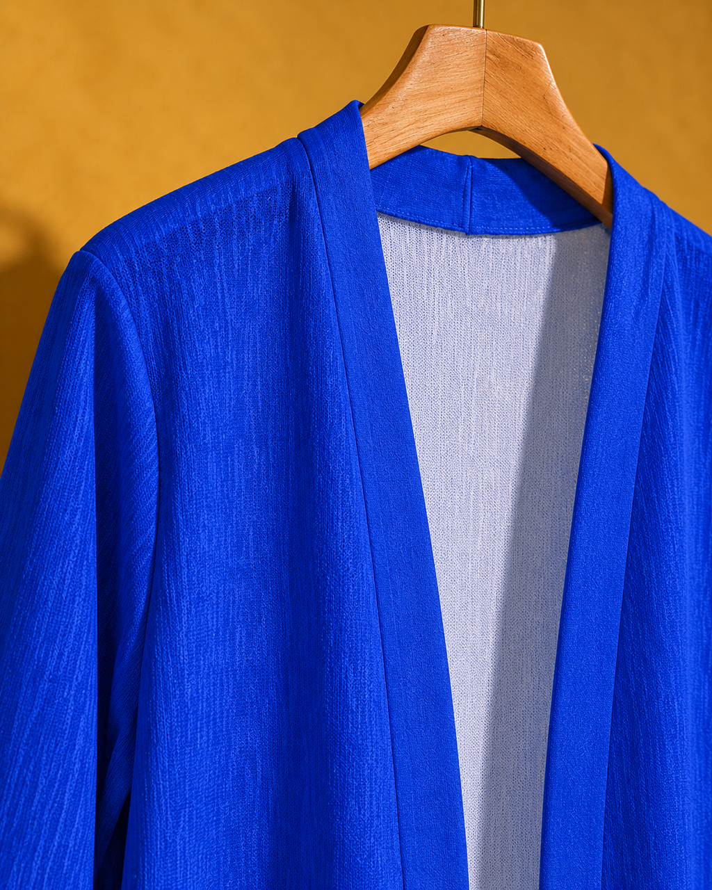 Blue Mazar cardigan neckline, shoulder seam and open-front band shown on a wooden hanger.