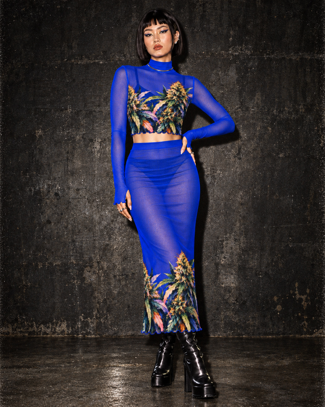 Blue Mazar sheer mesh top and skirt set, size S editorial front view with thumb-hole sleeves