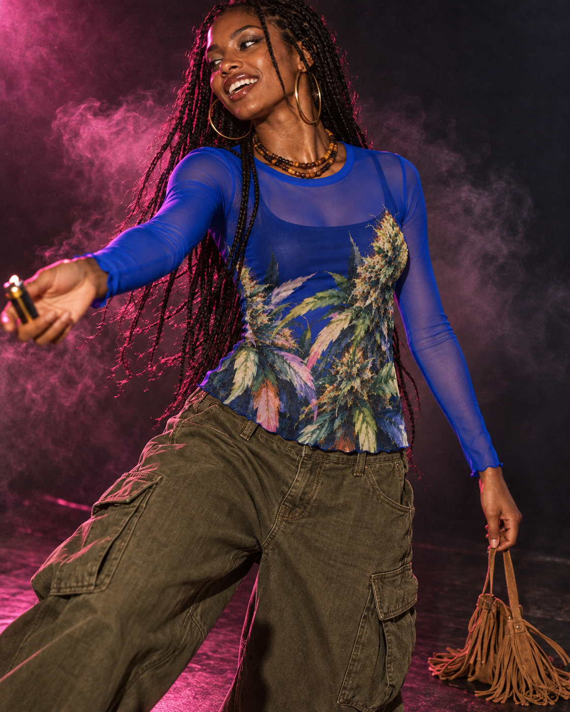 Jane Dope Blue Mazar Mesh Long Sleeve Top with olive cargo pants and beaded jewellery