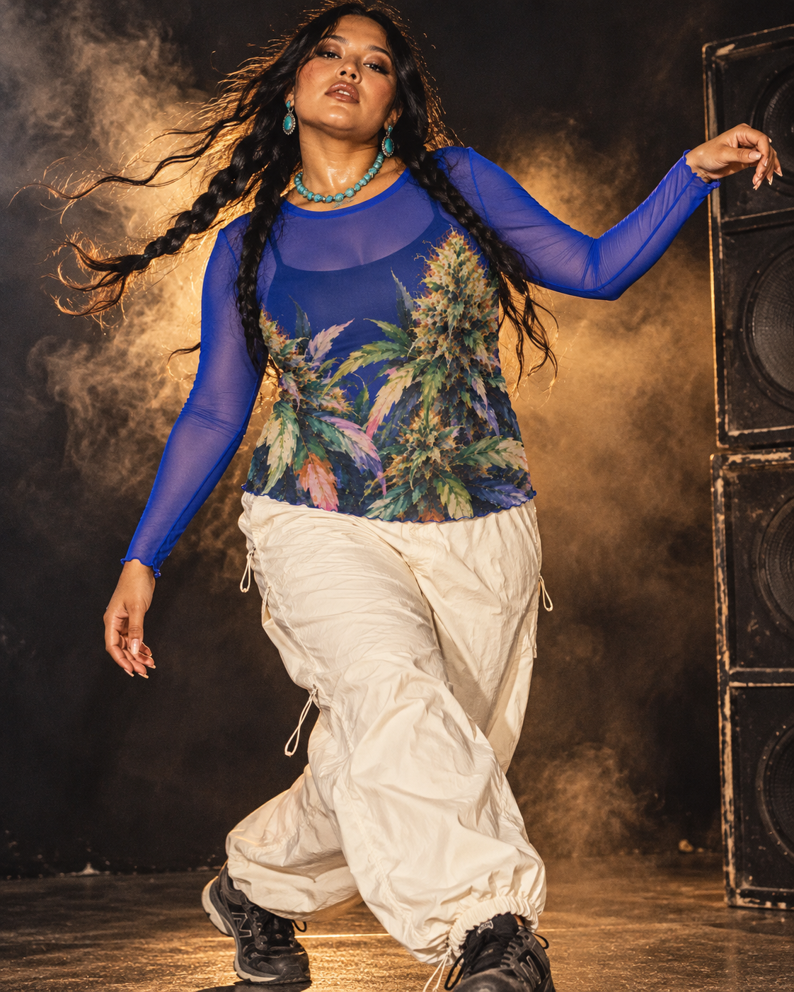 Jane Dope Blue Mazar Mesh Long Sleeve Top with cream parachute pants in motion