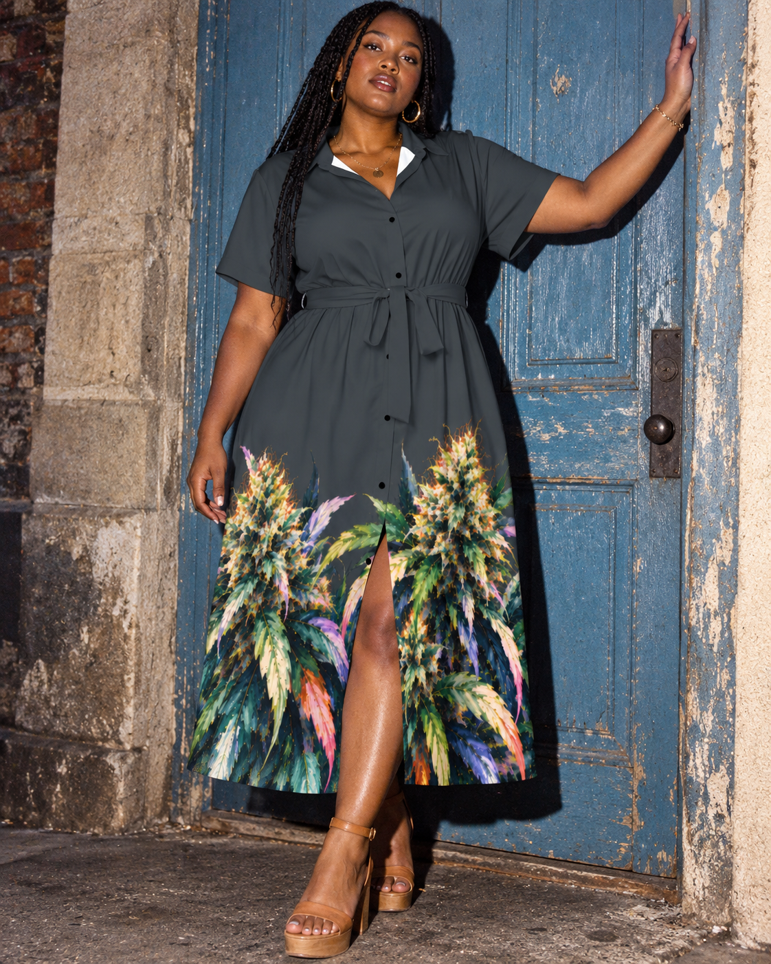 Blue Mazar charcoal botanical shirt dress, front editorial view with weathered blue door.