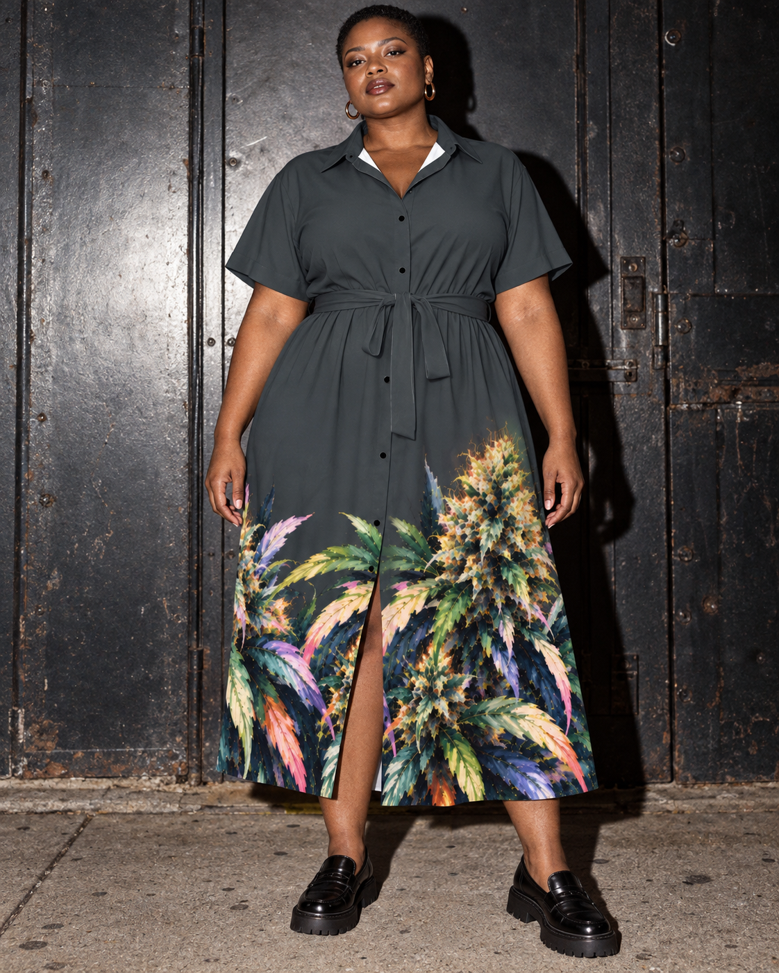 Blue Mazar charcoal botanical shirt dress, hero editorial view with dark metal industrial door.