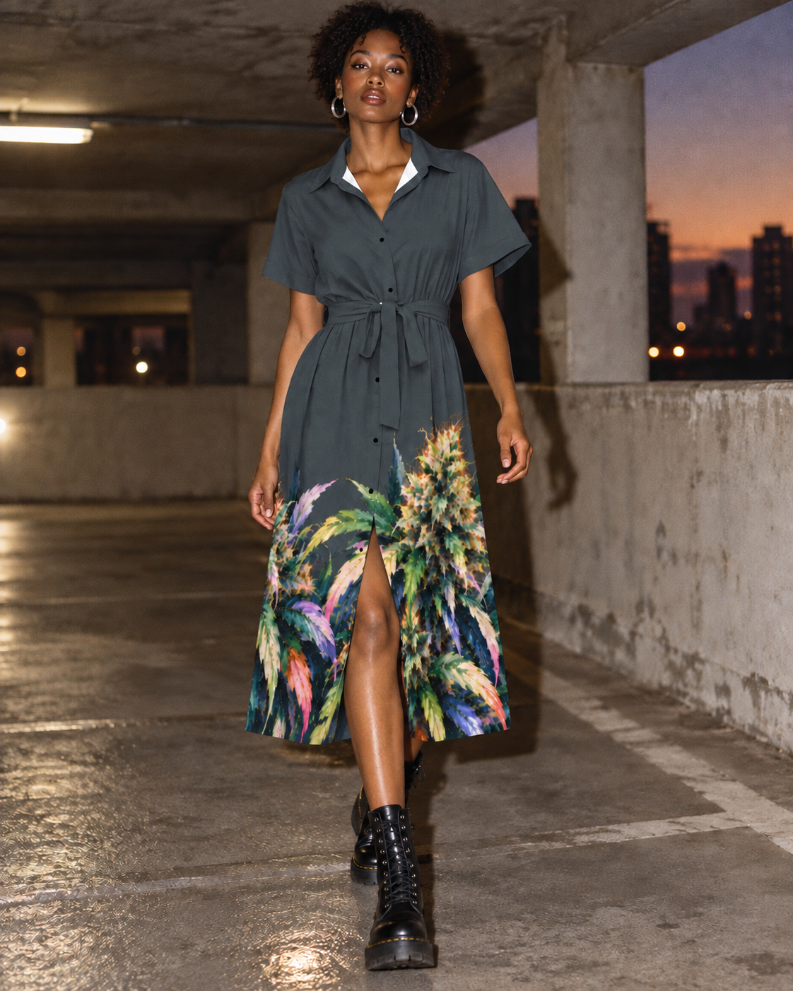 Blue Mazar charcoal botanical shirt dress, hero editorial view with concrete parking ramp at dusk.