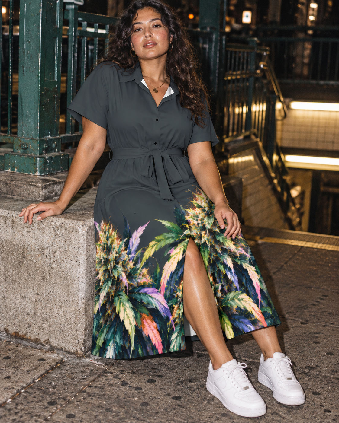 Blue Mazar charcoal botanical shirt dress, seated editorial view with subway entrance.