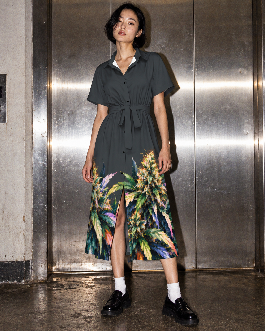 Blue Mazar charcoal botanical shirt dress, front editorial view with battered silver elevator doors.