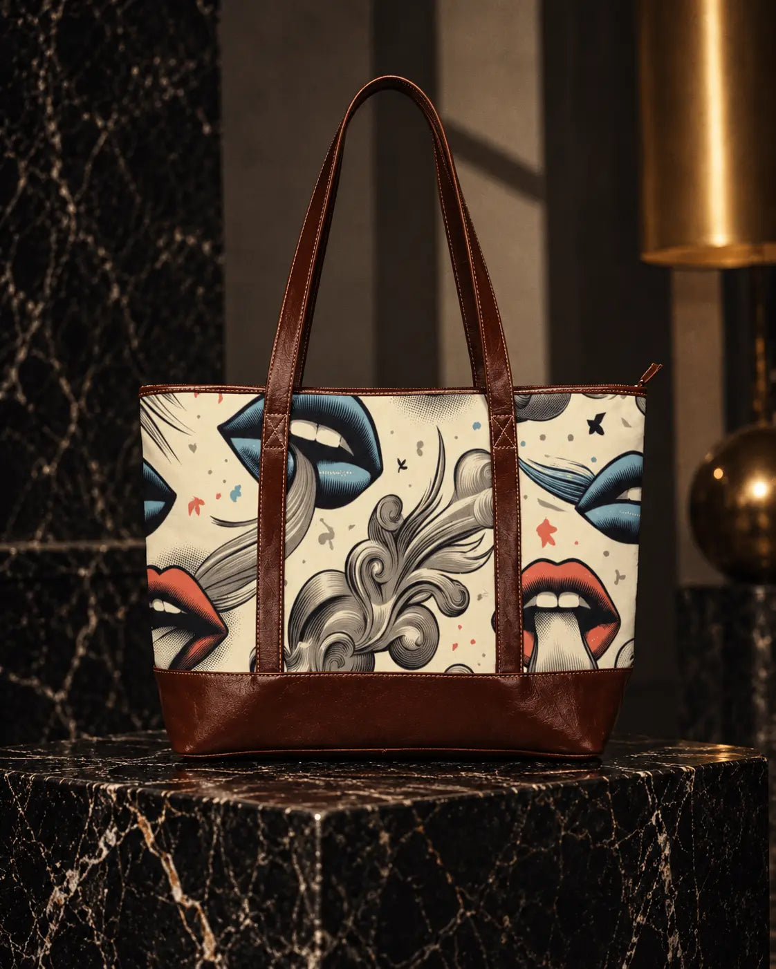 Jane Dope Boujie LUX Lips tote, front view with lips and smoke print, brown handles and zip top on dark marble