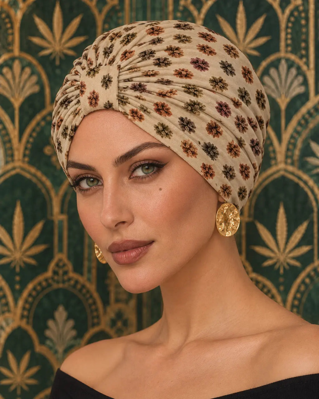 Bud Dots Turban Cap three-quarter portrait showing gathered front pleats and multicolour bud print.