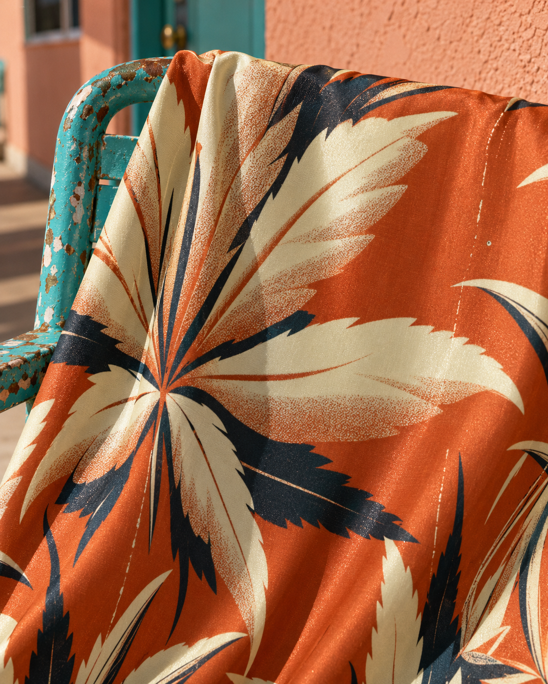 Close-up of the Cali cream and charcoal leaf motif on burnt-orange fabric draped over a turquoise chair.