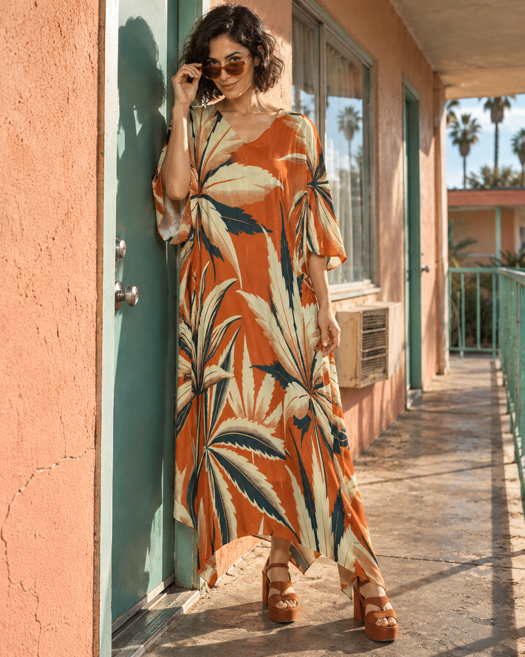 Front view of the Cali burnt-orange botanical kaftan dress, worn with amber sunglasses at a turquoise motel door.